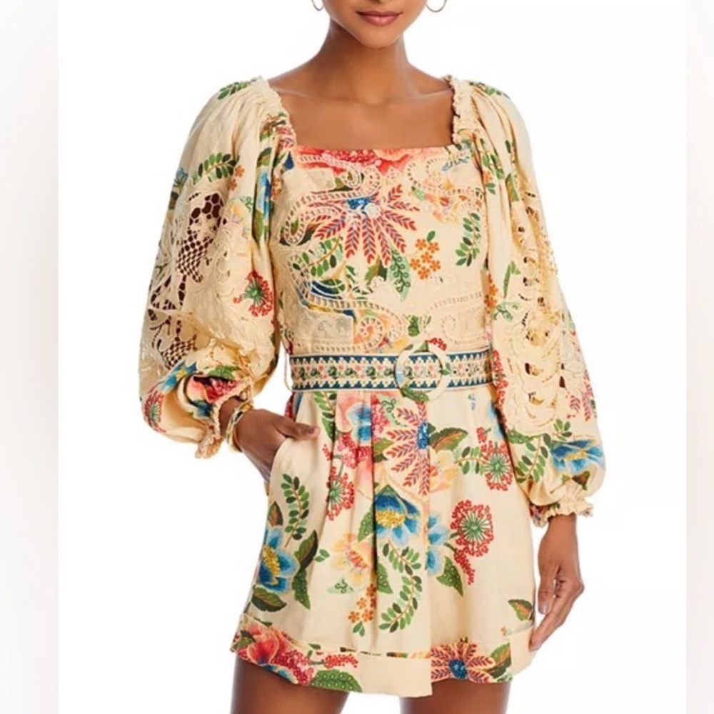 NEW FARM Rio Delicate Garden Linen Blend Long Sleeve Romper, XS 1497